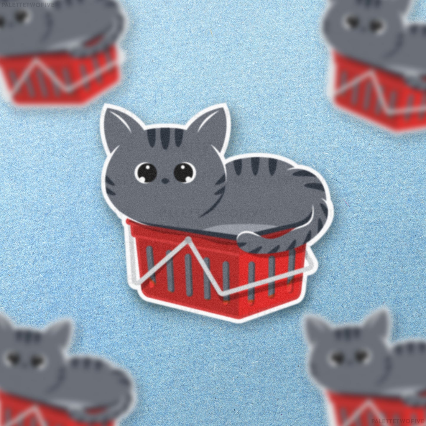 Kitty in a Basket Sticker - Gray Cat