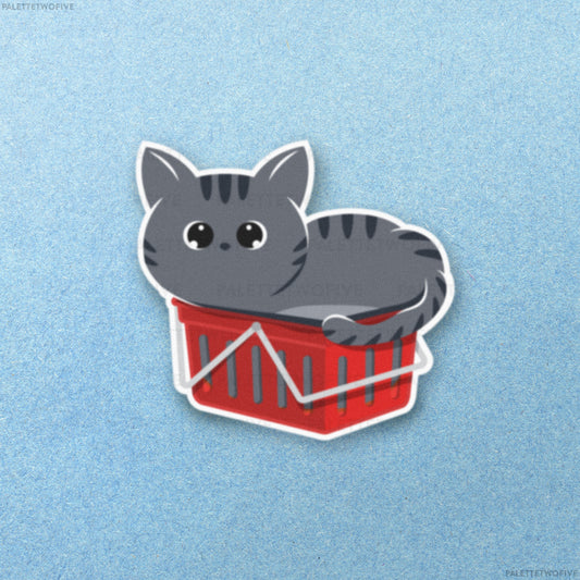 Kitty in a Basket Sticker - Gray Cat